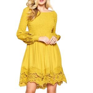 Oddy Smocked Lace Boho Dress Off Peasant Gold L bv